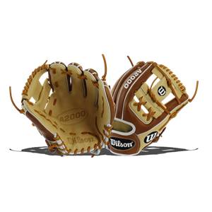 Front view of tan and brown Wilson A2000 baseball gloves with A2000 and Wilson branding.