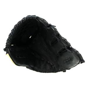 Top-down view of a black baseball glove with a deep pocket and stitched finger stalls.