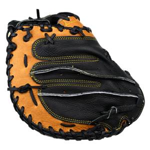 Front view of a black and tan catchers mitt with yellow stitching and black lacing.