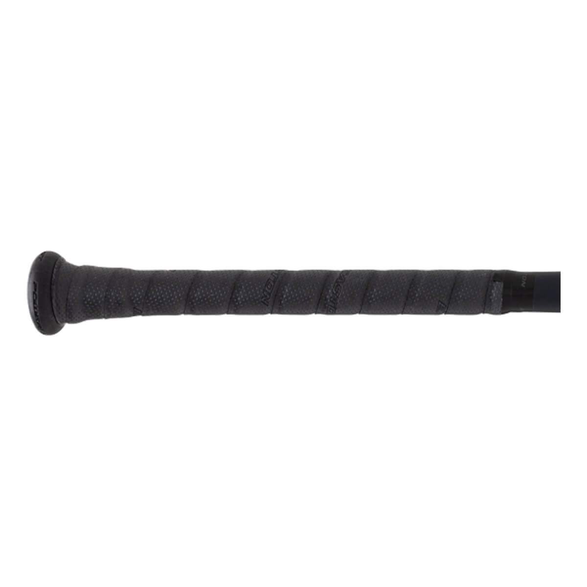 Close-up of a black baseball bat handle with a textured, wrapped grip featuring EASTON text and a knob.