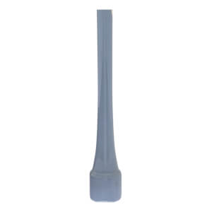 Close-up of a light grey baseball bat with a flared handle and a cylindrical knob.