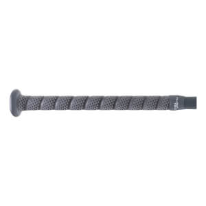 Close-up side view of a dark gray softball bat handle with a textured, spiraled grip and knob.