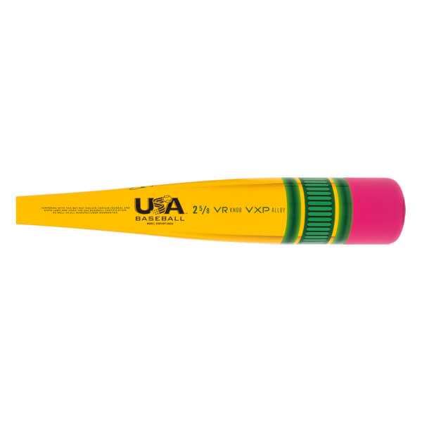 Side view of a yellow baseball bat with a pencil design, featuring green bands, a pink eraser-like end, and USA BASEBALL text.