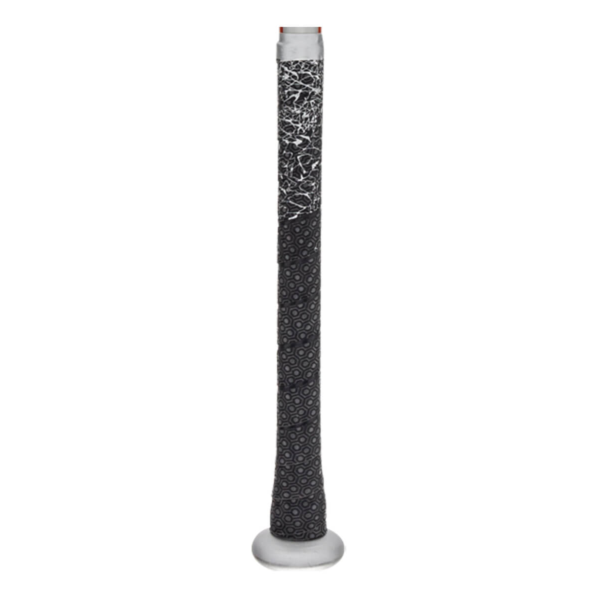 Close-up of a black baseball bat grip with a textured pattern and silver accents.