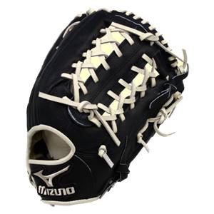 Corner view of a black baseball glove with white lacing and a Mizuno logo.