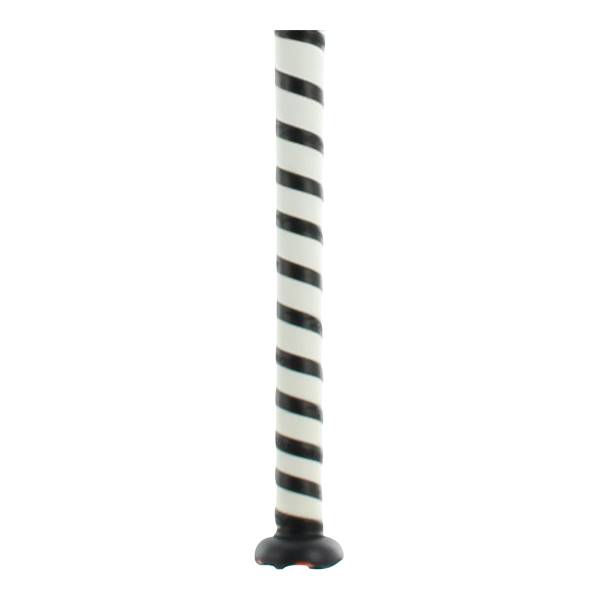 Side view of a white and black striped fastpitch softball bat with a black end cap.