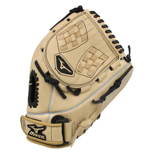 Top-down view of a tan fastpitch mitt with black lacing and a Mizuno logo.