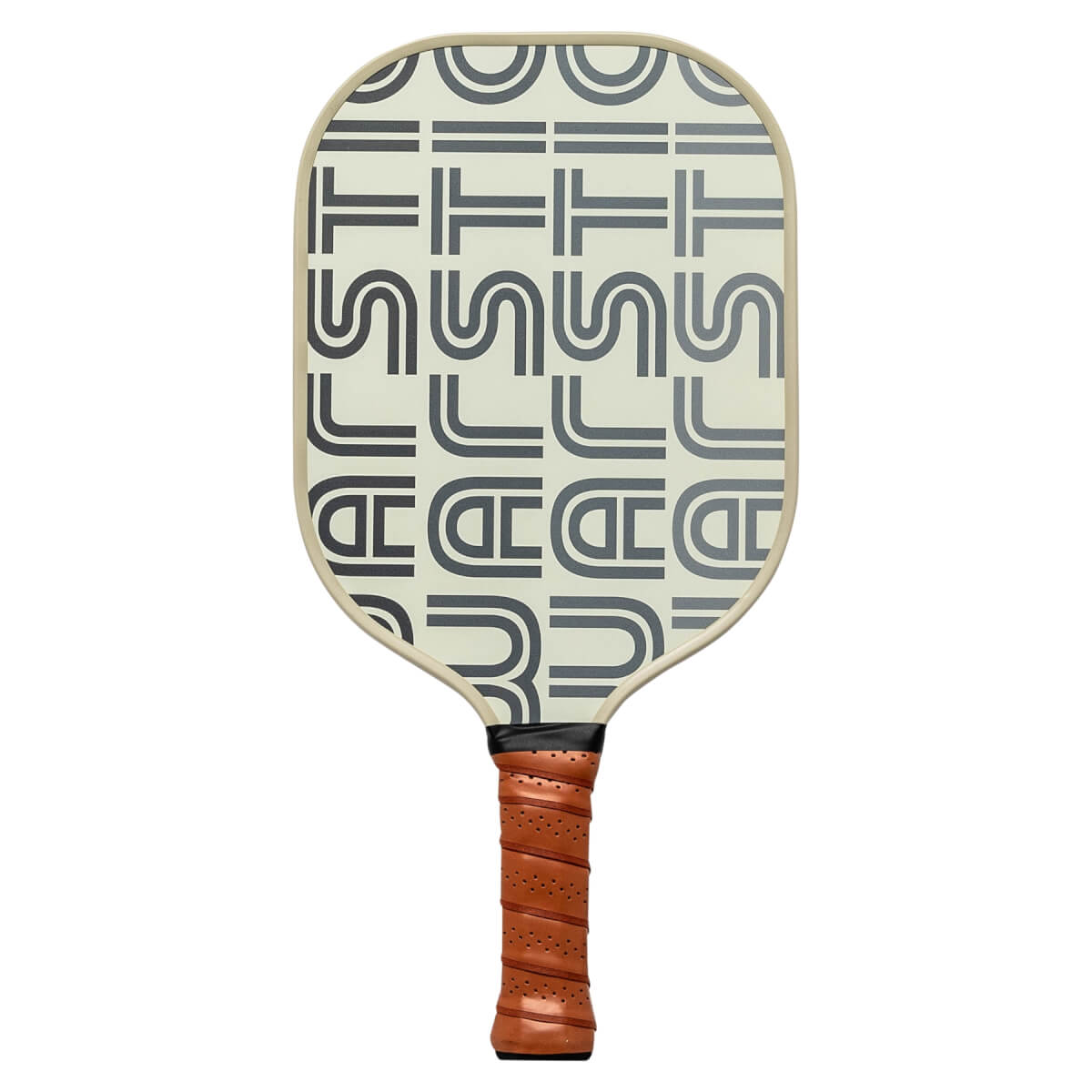 Front view of a cream pickleball paddle with repeating gray WARSTIC text and a brown grip.
