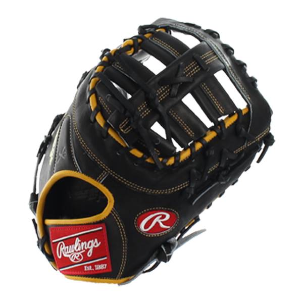 Top-down view of a black first base mitt with yellow lacing and red Rawlings logo.