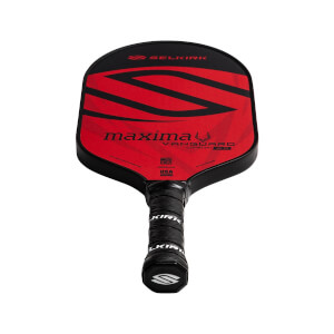 Top-down view of a red and black pickleball paddle with maxima and VANGUARD text and a black grip.
