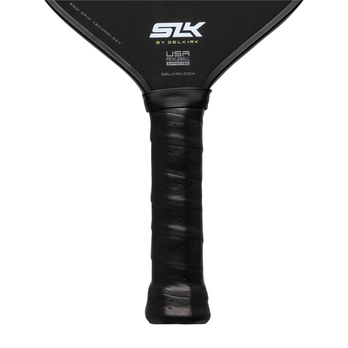 Top-down view of a black pickleball paddle with SLK logo, USA Pickleball Approved, and Selkirk.com.