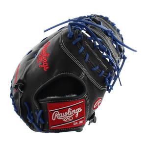 Top-down view of a black baseball glove with red Rawlings branding and blue lacing.