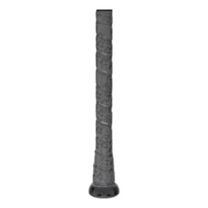 Side view of a gray baseball bat grip with a textured pattern and black end cap.