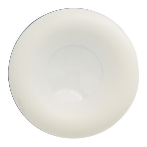 End view of a white fastpitch softball bat end cap with a circular shape and a slightly concave center.