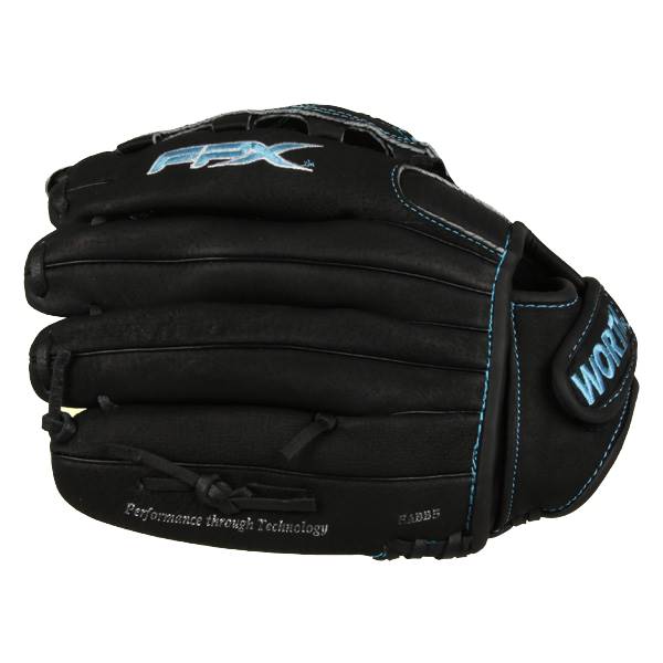 Side view of a black youth fastpitch glove with FX logo and WORTH text.