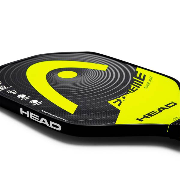 Corner view of a black pickleball paddle with yellow HEAD logo and EXTREME TOUR MAX text.