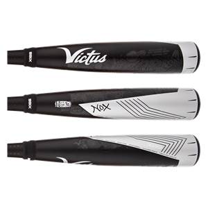 Side view of a black baseball bat with white Victus logo and silver accents.
