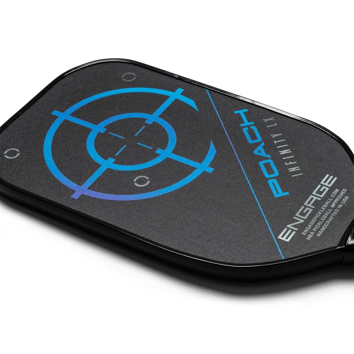 Top-down view of a black pickleball paddle with a blue target graphic and POACH INFINITY LX text.
