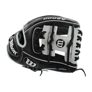 Side view of a black and white baseball glove with Wilson and A2000 branding.