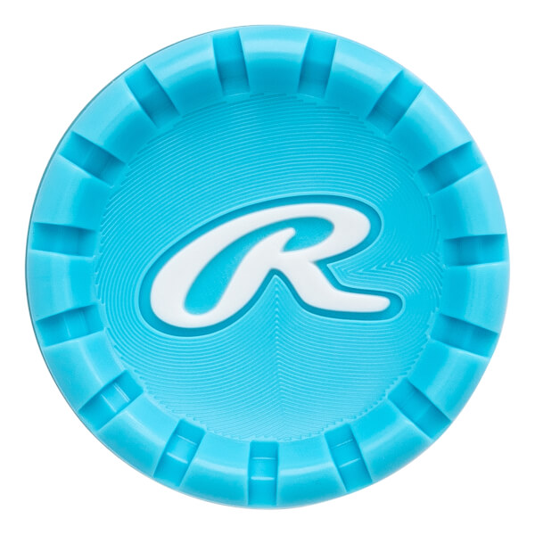 Top-down view of a blue baseball bat end cap with a white Rawlings logo and ridged edge.