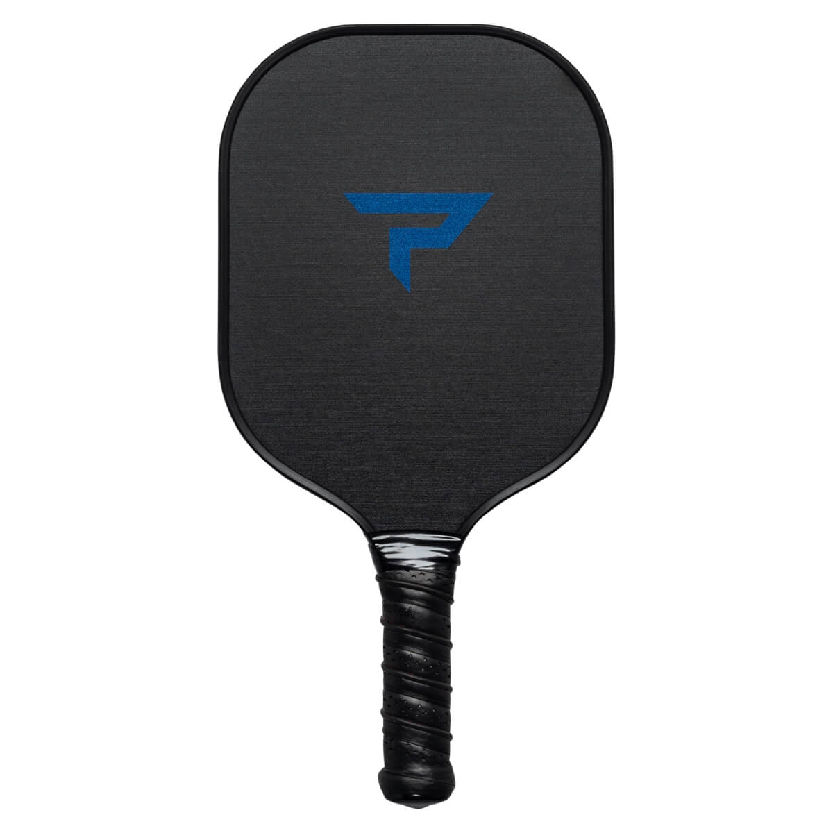 Front view of a black pickleball paddle with a blue P logo and textured surface.