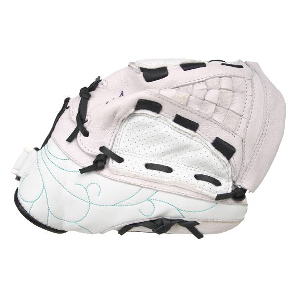 Side view of a white youth softball glove with black lacing and teal decorative stitching.