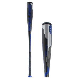 Side view of a black baseball bat with blue Rawlings branding and a textured grip.