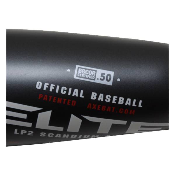 Side view of a black baseball bat with BBCOR CERTIFIED .50, OFFICIAL BASEBALL, PATENTED, AXE BAT.COM, ELITE, and LP2 SCANDIUM text.