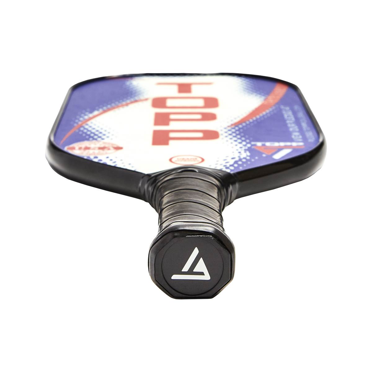 Top-down view of a white pickleball paddle with red TOPP text and a black grip.