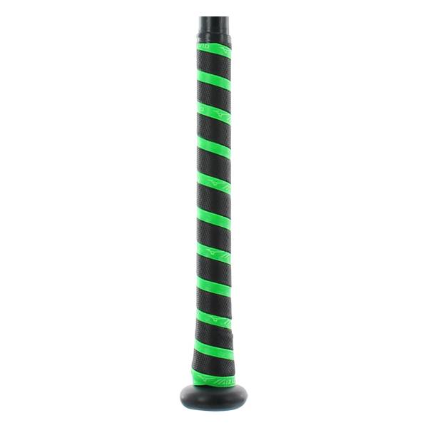 Close-up of a black baseball bat grip with diagonal neon green stripes and visible Mizuno branding.
