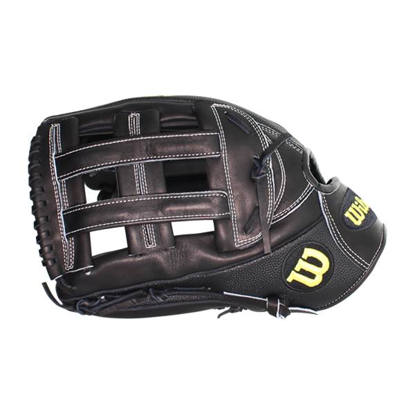 Side view of a black baseball glove with white stitching and yellow Wilson branding.