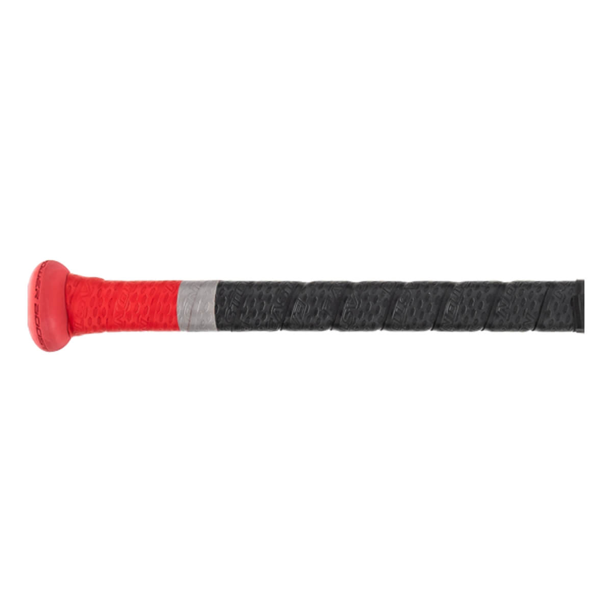 Side view of a red and black baseball bat with a textured grip and silver band.