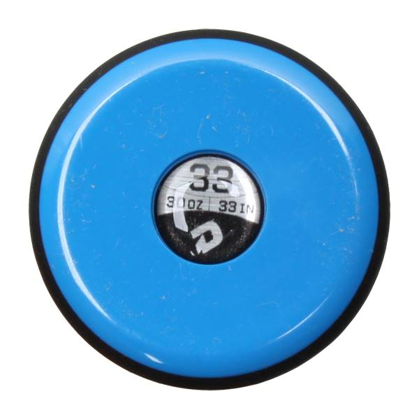 Top-down view of a blue baseball bat end cap with a silver inset showing 33 and 30OZ 33IN.