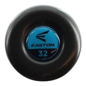 End view of a black baseball bat with a blue cap displaying the Easton logo and 32.