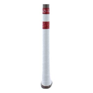 Close-up of a white baseball bat grip with red bands and visible branding.