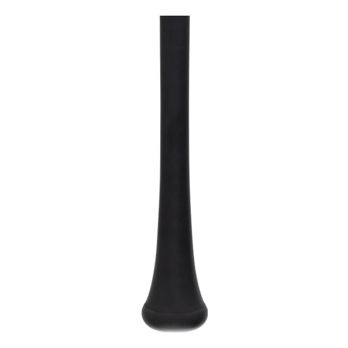 Close-up of a black baseball bat handle with a flared knob and smooth finish.