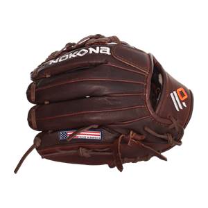Front view of a brown baseball glove with NOKONA branding and MADE IN AMERICA label.