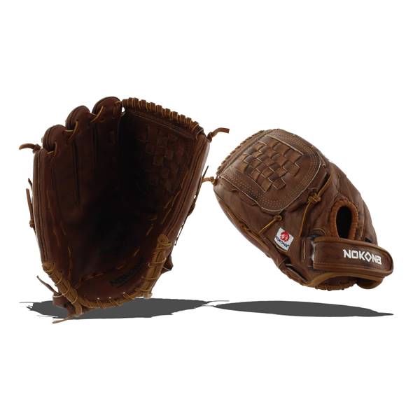 Top-down view of a brown Nokona glove with a woven palm and NOKONA branding.