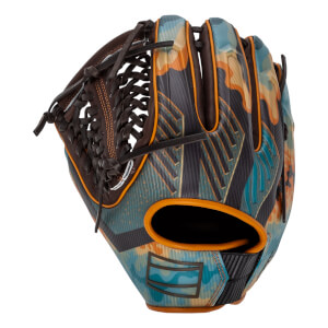 Back view of a baseball glove featuring a teal, orange, and grey geometric camo pattern with orange piping and dark brown laces.