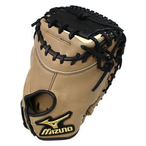 Side view of a tan catchers mitt with black lacing and a gold Mizuno logo.