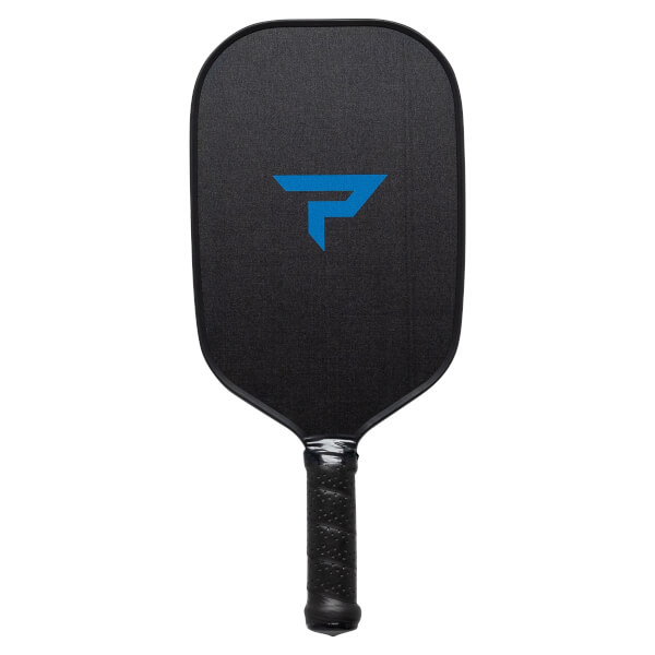 Front view of a black pickleball paddle with a blue P logo and textured grip.