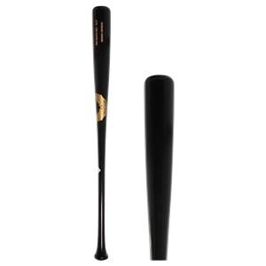 Side view of a black baseball bat with gold branding and text.