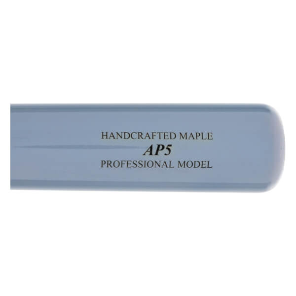 Side view of a light blue baseball bat with HANDCRAFTED MAPLE AP5 PROFESSIONAL MODEL text.