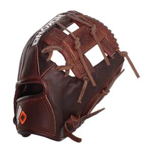 Corner view of a brown baseball glove with white NOKONA text and an orange diamond logo.