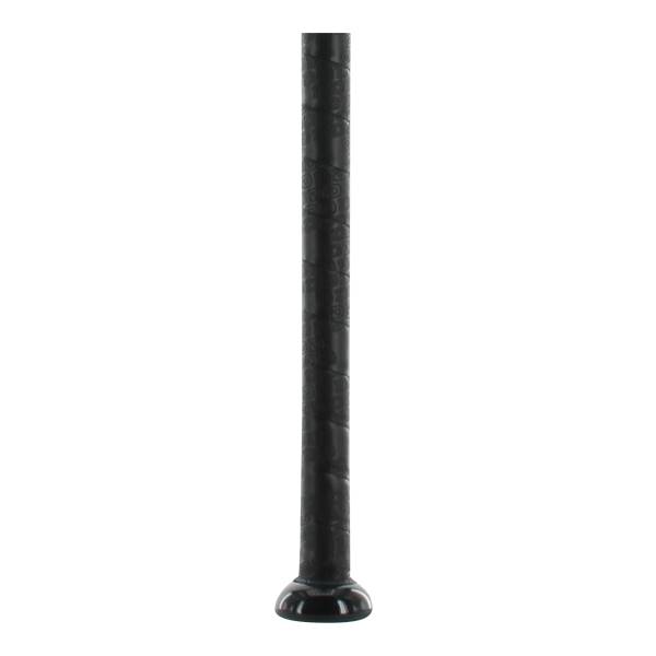 Close-up of a black baseball bat grip with a textured pattern and a rounded end cap.