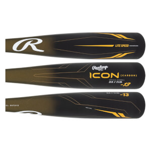 Three views of a black baseball bat with gold accents, Rawlings logo, and ICON [CARBON] text.