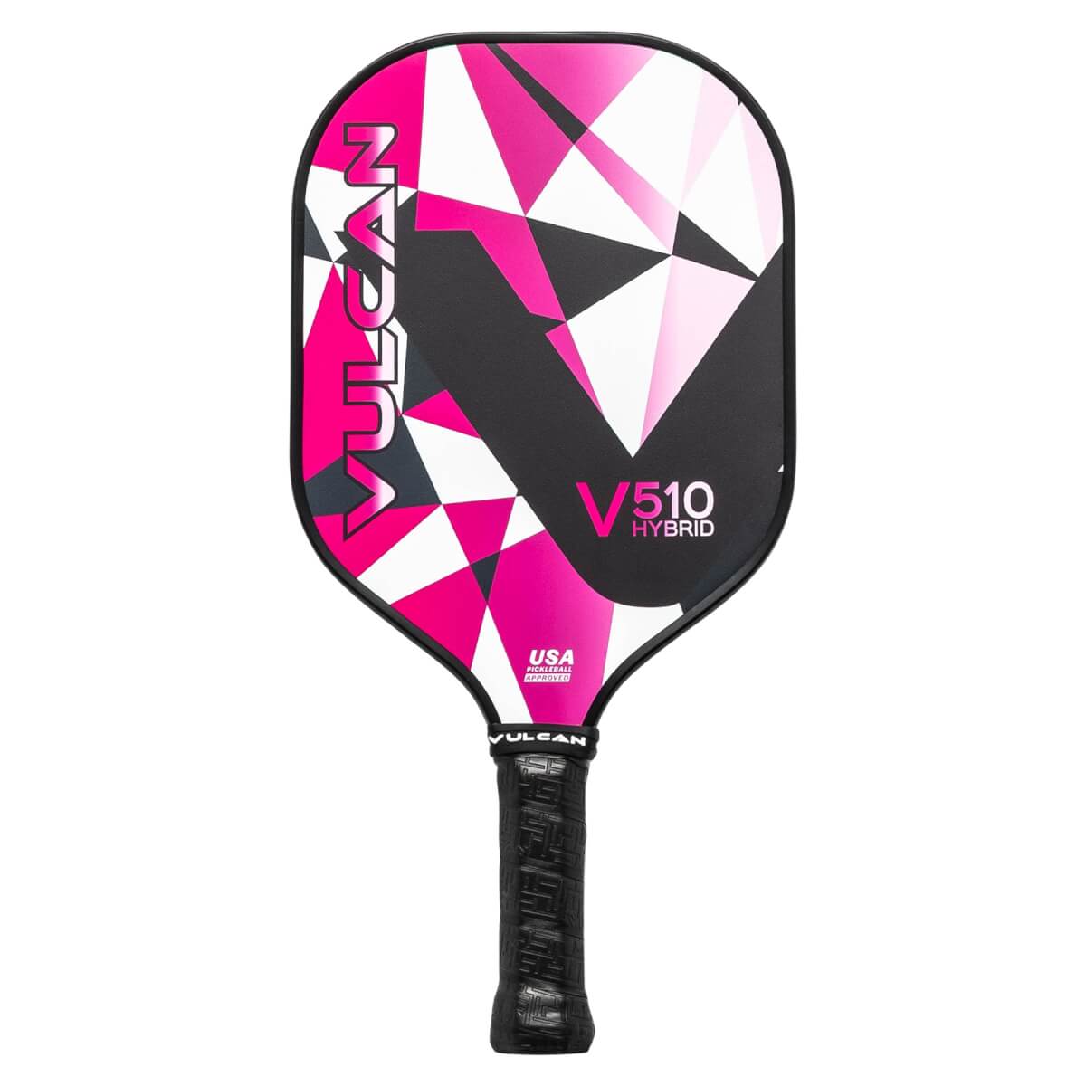 Front view of a pink and black pickleball paddle with a geometric design, V510 HYBRID text, and a black grip.