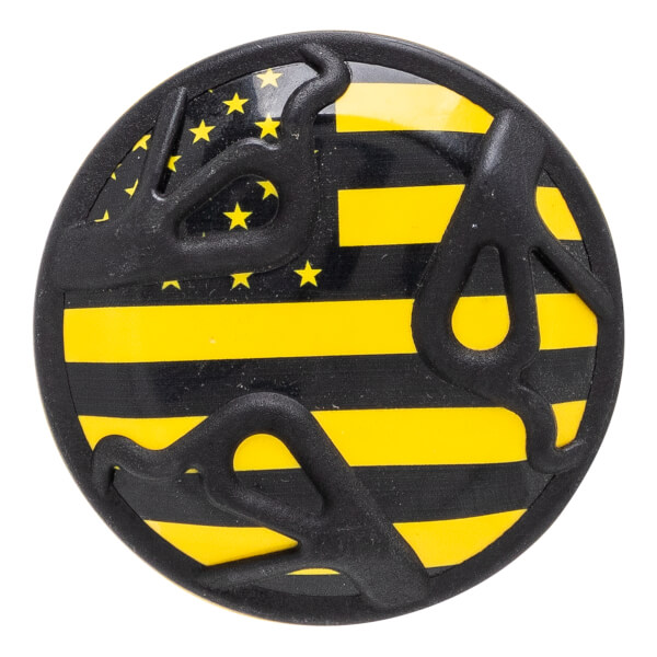 Top-down view of a black baseball bat end cap with yellow stripes and black snake graphics.
