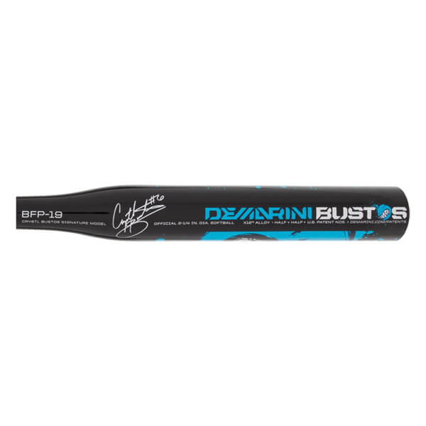 Side view of a black fastpitch softball bat with blue DeMarini Bustos branding and Crystal Bustos signature.