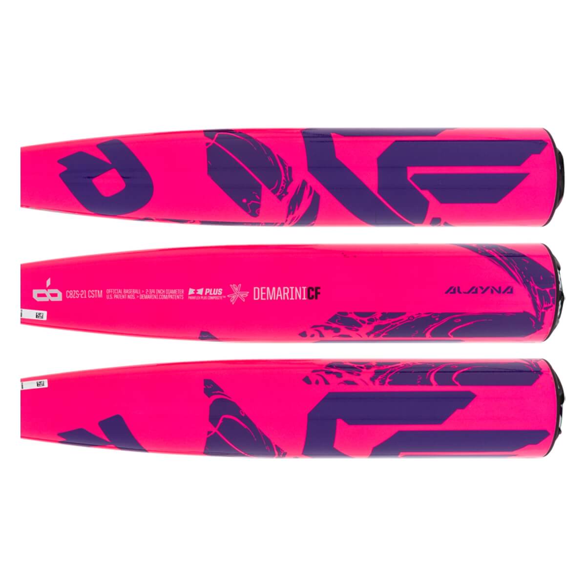 Side view of a pink baseball bat with purple graphics and DEMARINI CF text.